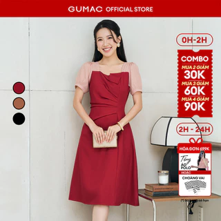 Đầm nữ GUMAC form A thiết kế cổ vuông phối tơ xếp ly tay phồng màu đen - đỏ đô  LDE0701