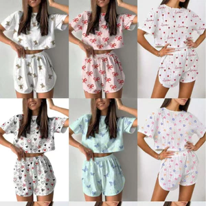 Bộ Đồ Ngủ Nữ Quần Short Tay Ngắn In Hình Jacquard Hai Mảnh Loungewear Phù Hợp Với Phong Cách Thoáng Mát Có Thể Mặc Bên Ngoài 5.12