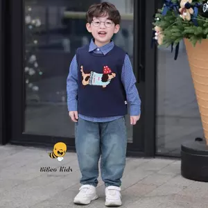 Bộ Gile Bé Trai 3 Chi Tiết – Sơ Mi Kẻ Xanh Phối Quần Jean Bò, Set Smart Boy Thời Trang Cho Bé