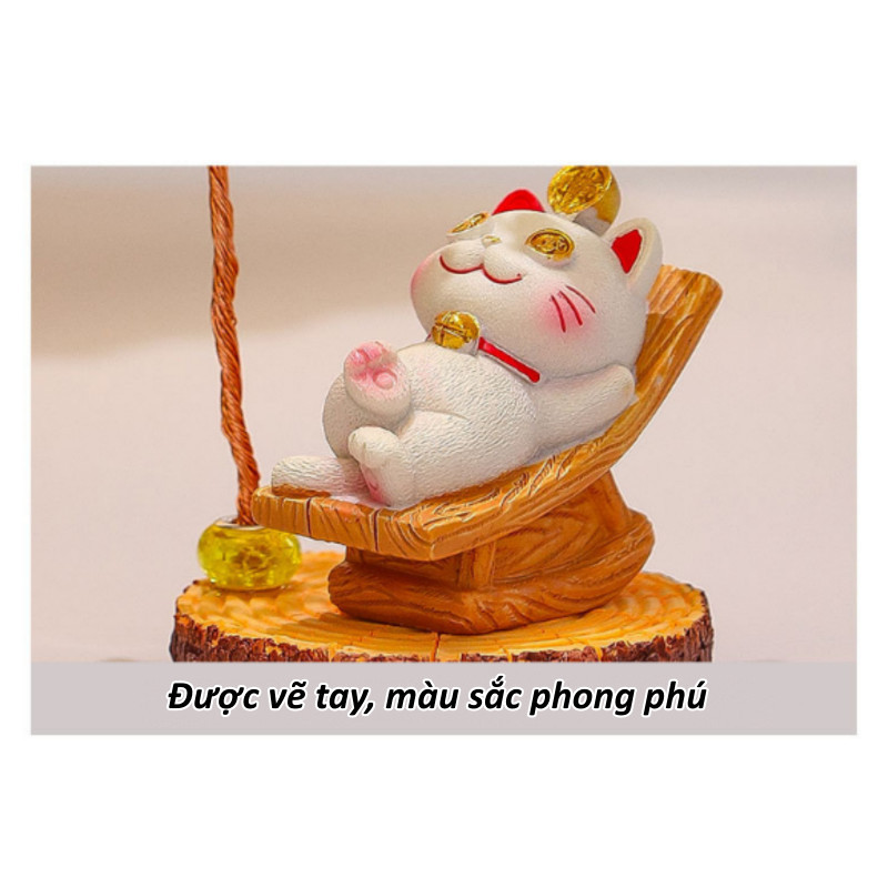 Cây tài lộc với tượng mèo may mắn, đế thạch anh vàng, vật trang trí bàn làm việc.