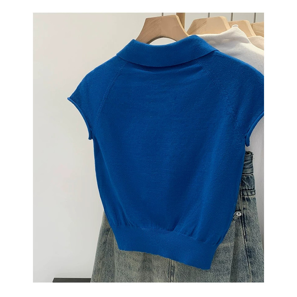 Mùa Hè Mới Nữ Crop Tops Nhẹ Nhàng Màu Trơn Cổ Polo Tay Ngắn Dệt Kim Áo Thun 260514
