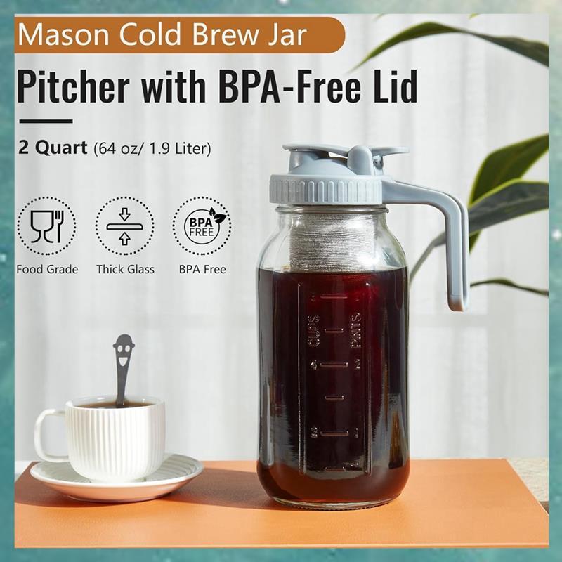 [uhktyltui.vn] Máy pha cà phê Cold Brew Máy pha trà đá Cold Brew Bình đựng cà phê 64Oz, Bình đựng cà phê lạnh bằng thủy tinh dày Nắp nắp lật có tay cầm