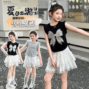 Bé Gái Đính Kim Sa Lấp Lánh Nơ Mùa Hè 2026 Phong Cách Mới Trẻ Em Thời Trang Ren Top