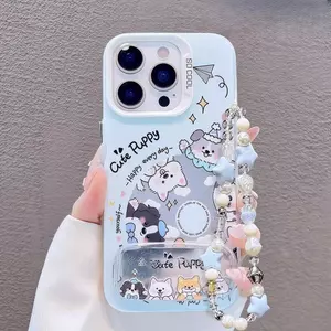 Ốp Lưng Cho Oppo Reno 15F 15 14F 14 Pro 14 13F 13 13 12F 12 11F 11 10 8t 8 8z 7 7z 6 5F 4F 4 F11 Pro F7 F5 F1s Chú Chó Con Dễ Thương Có Giá Đỡ Dây Xích Ngọc Trai Chống Sốc Ốp điện thoại màu bạc