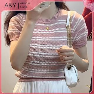 A & Y Mùa Hè Mới Thời Trang Sọc Tay Ngắn Màu Trơn Đa Năng Giảm Tuổi Áo Thun Dệt Kim Giảm Béo Hàng Đầu.