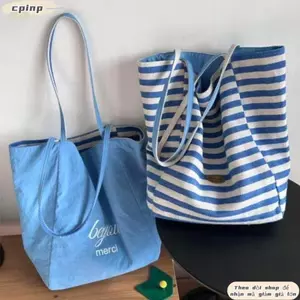 Túi Tote Đeo Vai CPINCP, Túi Đeo Vai Vải Hai Mặt Phong Cách Hàn Quốc, Túi Mua Sọc Dung Tích Lớn Có Thể Gập Lại 2024 Dành Cho Học Sinh