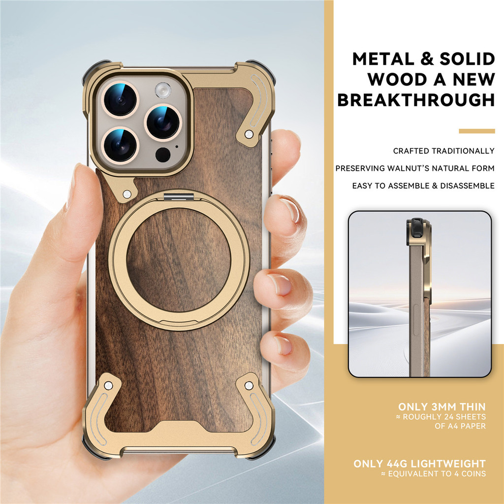 Hợp Kim Nhôm Điện Thoại Di Động Ốp Lưng Cho Funda iPhone 17 Pro Max 16 Pro Max 15 Pro Chắc Chắn Gỗ óc chó Kim Loại Đứng Cho Bao Da