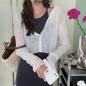 Áo sơ mi rỗng BRABRAA, Áo dệt kim dáng rộng dài tay, Đi biển kỳ nghỉ mùa hè mỏng Áo sơ mi nữ