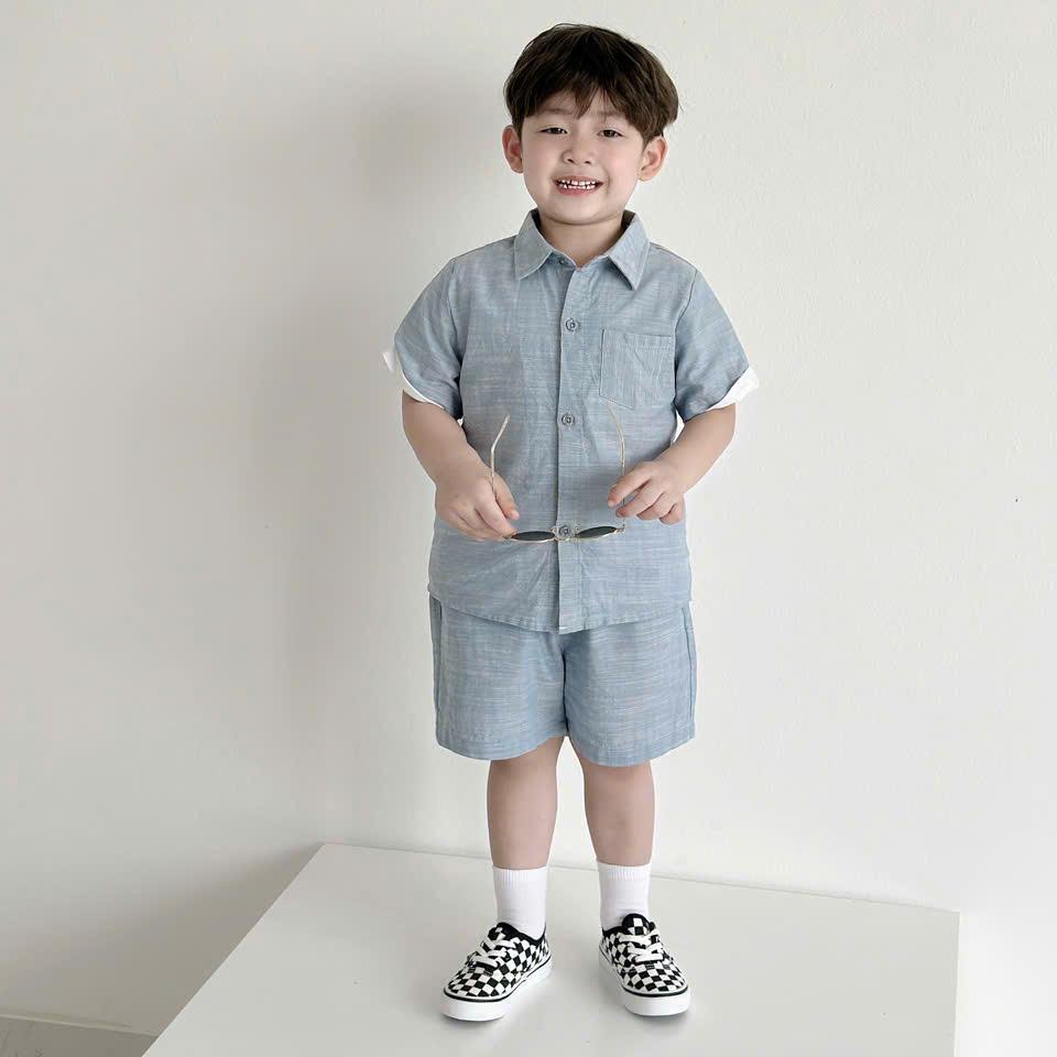 Bộ quần áo SƠ MI DENIM CHO BÉ TRAI, Bộ quần áo đi học đi chơi cho bé