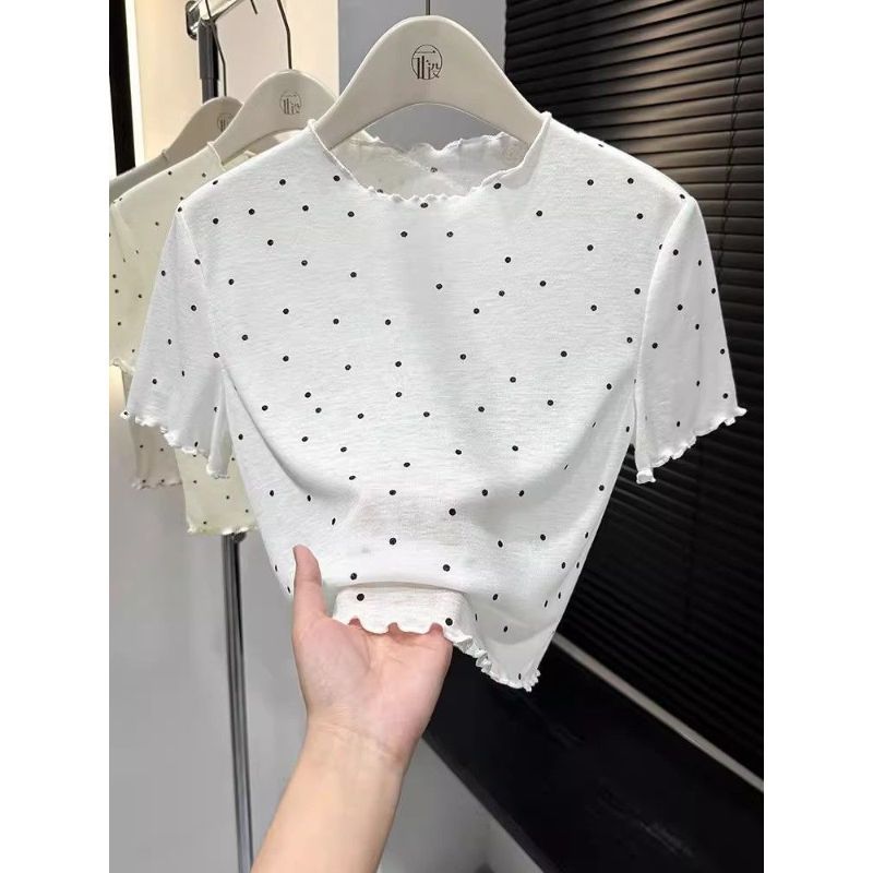 [Hàng Mới Về] Mùa Hè Mỏng Phong Cách Chấm Bi Nấm Cạnh Mặt nạ Tay Ngắn Mỏng Áo Thun Ngắn Top Nữ