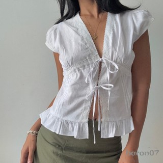[xRsR] Áo Sơ Mi Nữ Tay Ngắn Buộc Ren Chắp Vá Slim Fit Áo Sơ Mi Mùa Hè