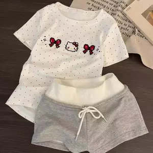 Bộ đồ ngủ chấm bi hoạt hình Nhật Bản dành cho nữ mùa hè mềm mại Thân thiện với da Áo chui đầu dễ thương Tay ngắn Slim-F