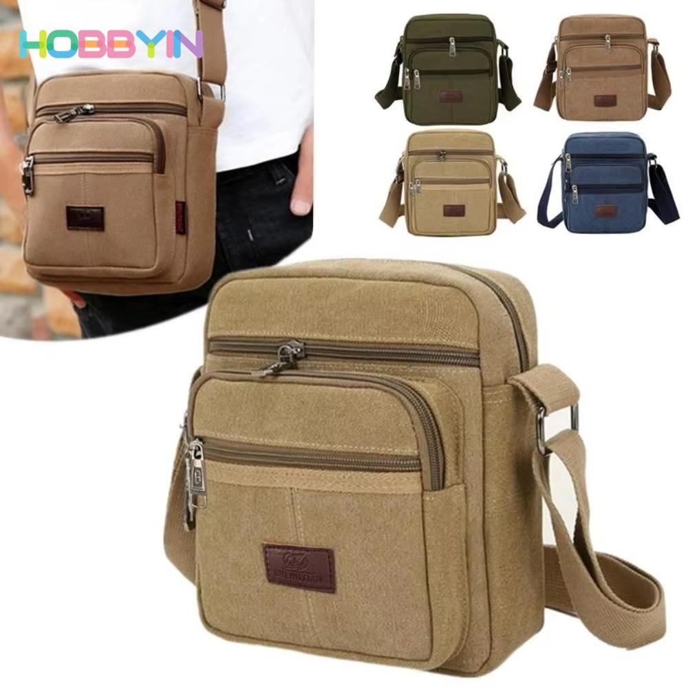 Túi đeo vai nam HOBBYIN, Túi đeo chéo vải nhiều lớp, Dây kéo cổ điển Màu trơn Túi đựng tiền kinh doanh dung tích lớn