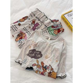 Phong Cách Hàn Quốc Dễ Thương Winnie the Pooh Hoạt Hình In Loungewear Niche 2026 Phong Cách Mới Ren Quần Ngắn Tay Bộ Đồ Ngủ Nữ 5.19