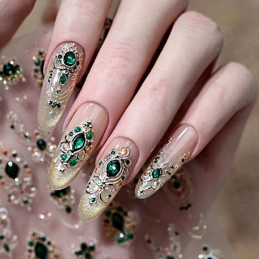 FLAZEA 5D Dán Móng Tay, Thiết Kế Sang Trọng Sáng Bóng Baroque Scepter Móng Tay, Vương Miện Vòng Cổ Ngọc Lục Bảo Màu Ruby Vàng Scepter Đỏ Xanh Đá Quý Giả Đá Quý Móng Tay Xmas Móng Tay