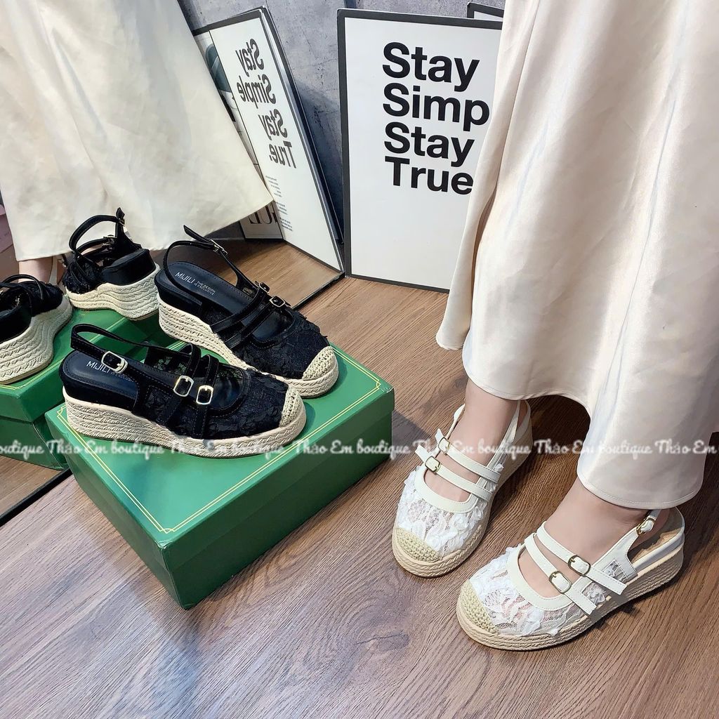 [Thảo Em - XD78-5] Sandal xuồng nữ quai hậu ren lưới đế cao su non giả cói 7cm mẫu mới