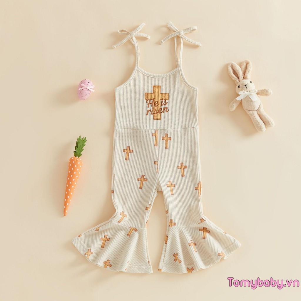 Bộ áo liền quần Phục sinh cho bé gái Chữ cái dễ thương Bunny thêu không tay dưới chuông tổng thể