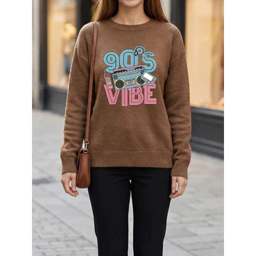 Áo len dệt kim cổ tròn VIBE Retro của thập niên 90, Áo len dài tay mùa thu đông dành cho nữ, Áo len nữ phù hợp với nữ, Áo len nữ phong cách mới giản dị cổ điển thập niên 90, Áo len dệt kim thời trang 