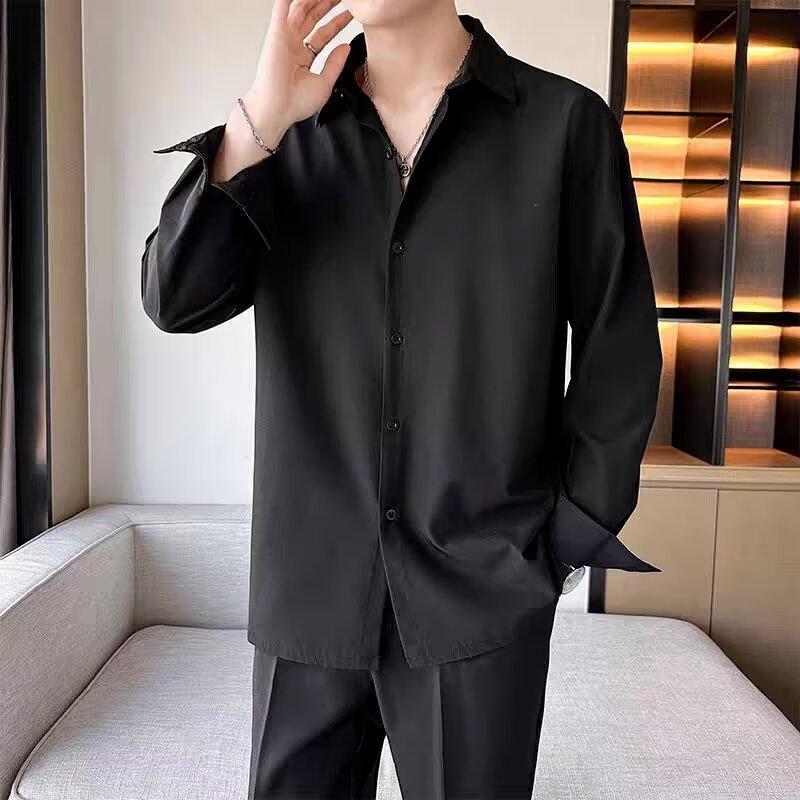 Drape Đen Ice Silk Áo Sơ Mi Tay Ngắn Nam Xù Đẹp Trai Mùa Hè Hợp Thời Trang Thường Ngày Rời Áo Sơ Mi Trắng Áo Khoác Top Chống Nhăn PI9I