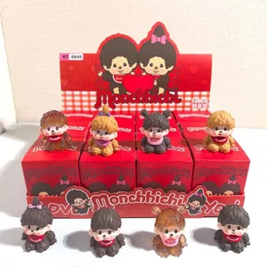 Hộp mù sáng tạo Monchhichi (12 cái / hộp) – Nhân vật Mini hình khỉ dễ thương đổ xô, Đồ chơi sưu tập bằng nhựa 4cm, Trang trí bàn làm việc Kawaii & Quà tặng cho cặp đôi / học sinh