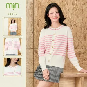 Áo khoác cardigan nữ Mịn CD03 cổ tròn, phối sọc hồng, len dệt kim mềm mại, trẻ trung, thanh lịch