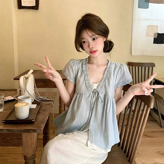 Áo sơ mi nữ mùa hè tươi mát kẻ sọc xanh dương thắt nơ phía trước, kiểu dáng xếp lớp, tay ngắn, viền bèo nhún.