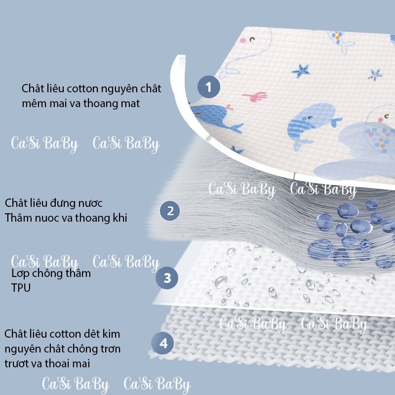 Tấm lót chống thấm cho bé 4 lớp cao cấp, miếng lót chống thấm cho bé thay tã bỉm size 50x70cm CaSi BaBy