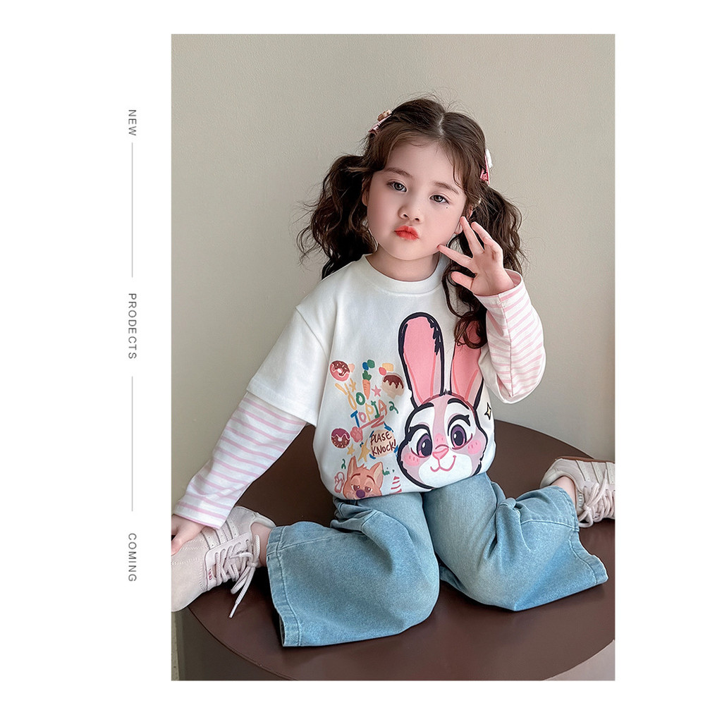 Áo thun hai mảnh hoạt hình cho bé gái Áo sơ mi đáy dài tay mùa xuân 90-140 Size HS6H