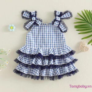 Váy bé gái kẻ sọc nơ trang trí xù xì Váy thường ngày không tay