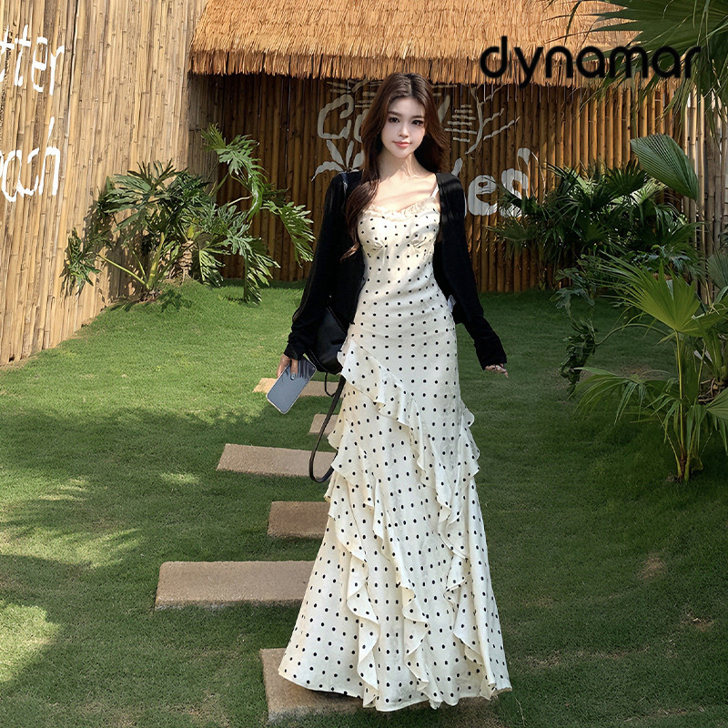【dynamar】Đầm hai dây chấm bi kiểu Pháp, cạp cao, xếp ly, dáng đuôi cá, dài, không tay, thích hợp cho mùa xuân hè.