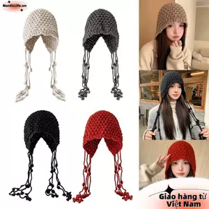 Mũ dệt kim NORDICLIFE, Mũ bảo vệ tai ấm áp tua rua, Mũ chui đầu thủ công chống gió bằng len dễ thương dành cho nữ