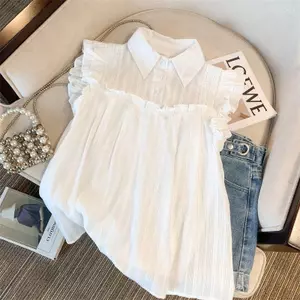 Áo sơ mi trắng nữ Pháp nhẹ nhàng Ve áo không tay Xù Áo sơ mi em bé dáng rộng che bụng