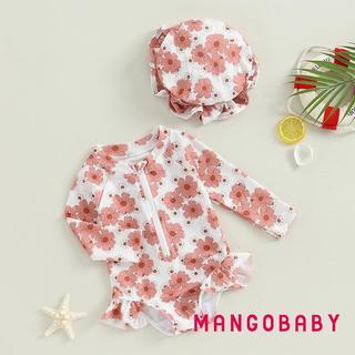MG-Baby Bé Gái Đồ Bơi Tay Dài In Hoa Bikini Có Mũ Đồ Bơi Sơ Sinh Cho Tắm Mùa Hè