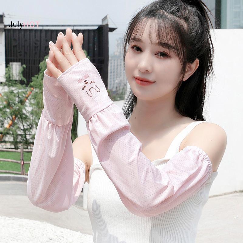 JULYHOT Bao tay lụa lạnh hè chống nắng nam nữ, tay áo dài chống tia UV, ống tay đi xe đạp, mát mẻ, thiết kế không ngón