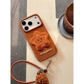 Dễ Thương Màu Nâu Sang Trọng Thêu Nụ Cười Ngôi Sao Nhỏ Flannel Vải Bóng Wrsit Dây Da Vỏ Điện Thoại Cho iPhone 17Promax 13 14 15 16 Pro Max Sweet Girly Vỏ Di Động