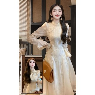 [Pre-Order]-Váy Sườn Xám Hình Bướm Ba Chiều mẫu mới  Mùa Thu Và Mùa Đông Mẫu Mới Màu Trắng Tiêu