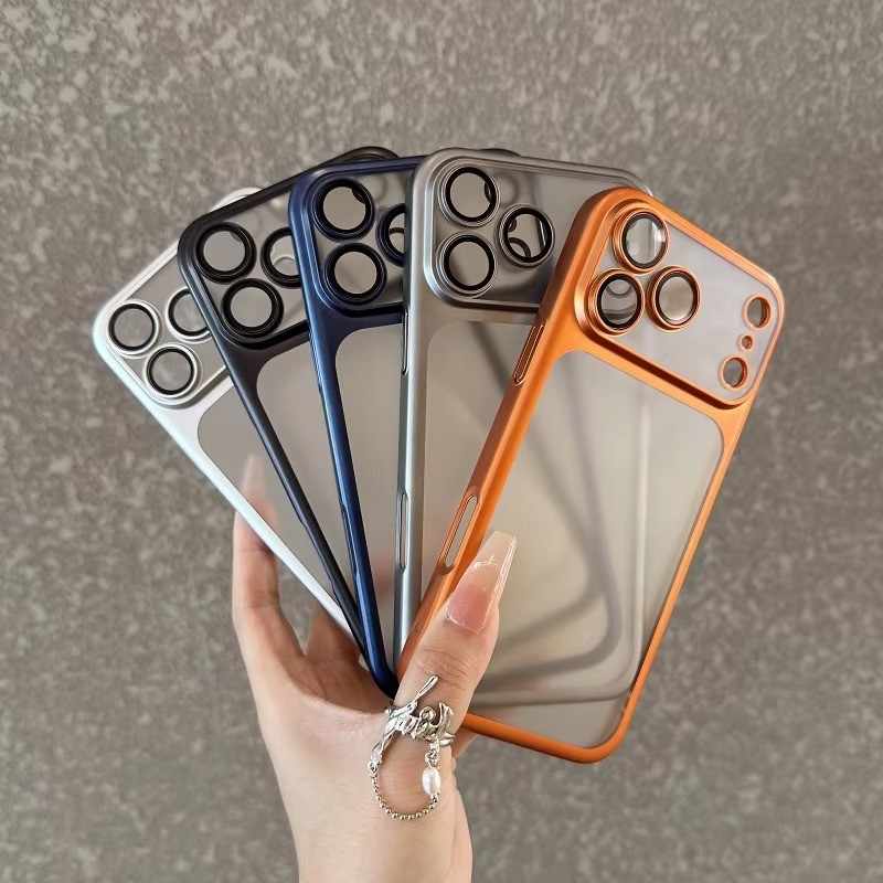 Ốp điện thoại mờ trong suốt cho iPhone 17 Pro 17 Air 16 15 14 13 Pro Max Bảo vệ toàn bộ ống kính Khung màu kim loại