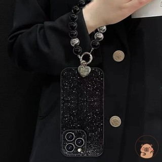 Tương thích cho iPhone 17 Air 16E 16 15 14 Plus 13 12 11 Pro Max Ốp điện thoại có dây đeo hạt màu đen Bạc lấp lánh sáng bóng Vỏ sang trọng