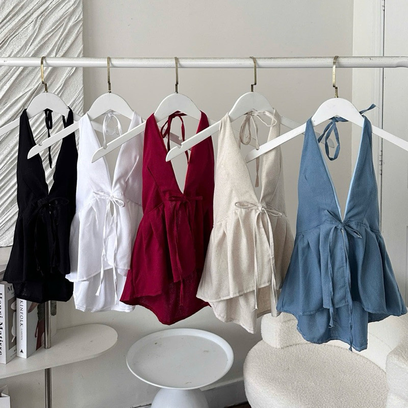 Áo Yếm Nữ Hở Lưng Hoa Nhí Cột Dây Sẵn Đệm Mút Chất Linen
