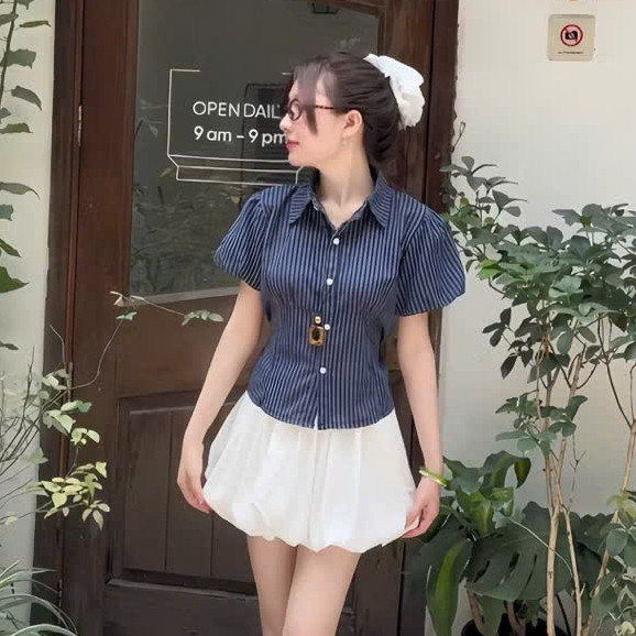 Áo sơ mi kẻ tay phồng dáng ngắn có dây thắt sau lưng chất thô linen cao cấp A285 SUTANO