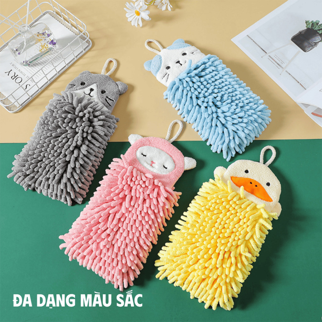 Khăn Lau Tay Vải San Hô Treo Tường Hình Thú Dễ Thương - Khăn Thấm Nước Nhanh, Mềm Mại, Có Dây Treo Cho Nhà Bếp