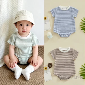 Áo liền quần bé trai / bé gái cổ tròn tay ngắn sọc quần áo mùa hè