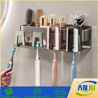 Kệ Đựng Bàn Chải Đánh Răng Nhôm Cao Cấp - Dán Tường Không Khoan, Kèm Cốc & Keo, Tiết Kiệm Không Gian