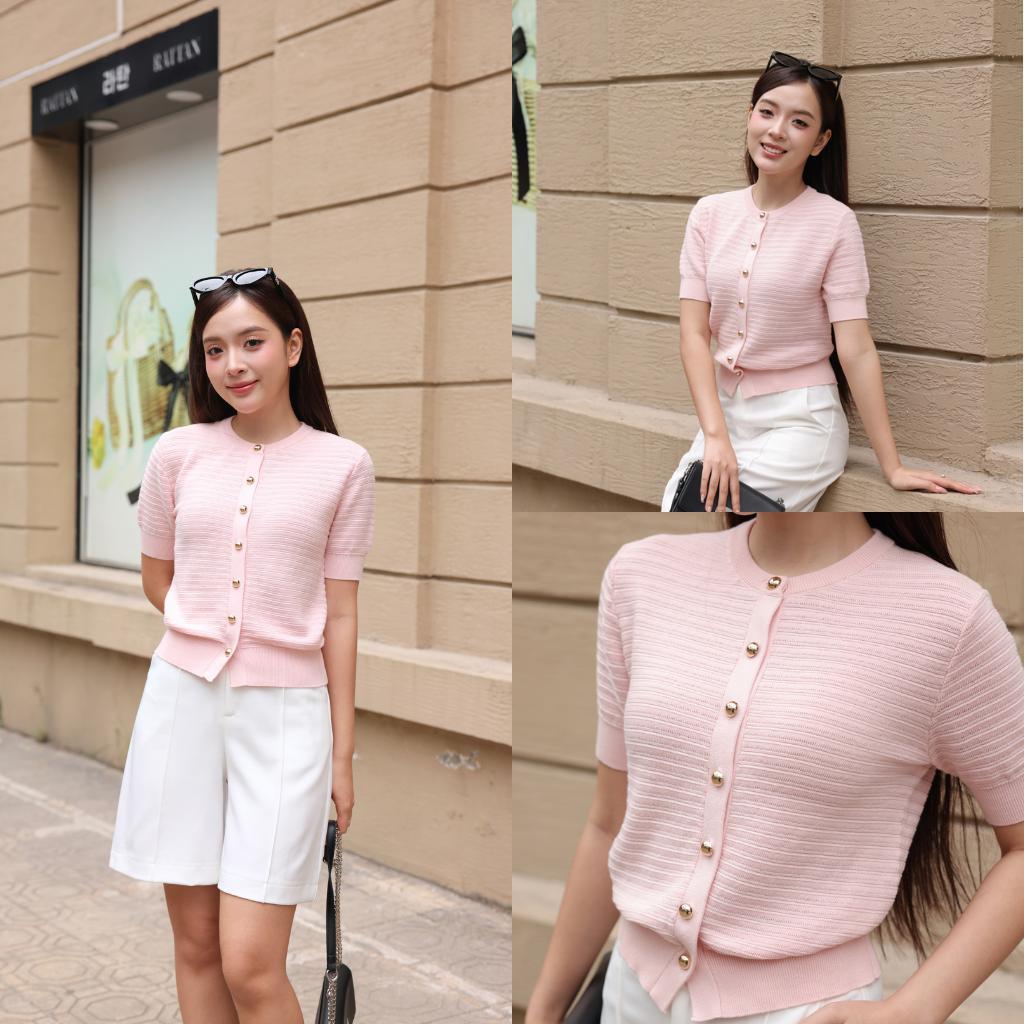 Áo len nữ cộc tay cổ tròn Mịn VN dệt ngang mềm thoáng khí mùa hè, form ôm nhẹ, màu hồng pastel PL07 (1)