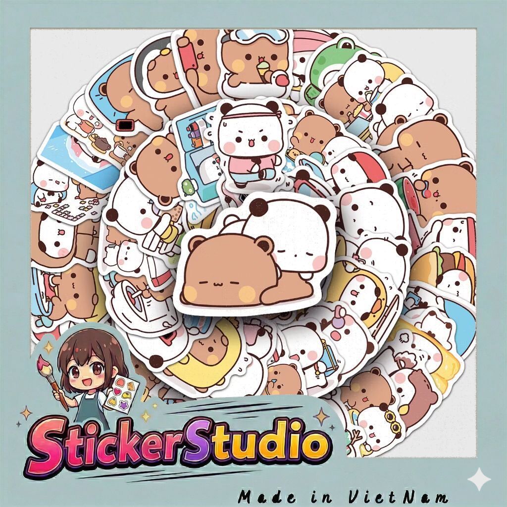 sticker bé gấu nâu trắng