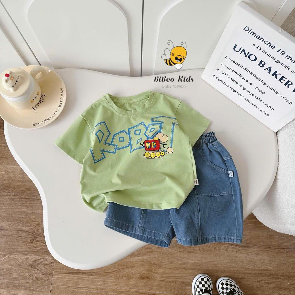 [BiBeo Kids]Bộ quần áo cộc tay ROBOT TINH NGHỊCH quần Bò áo chất COTTON 4 chiều siêu co giãn