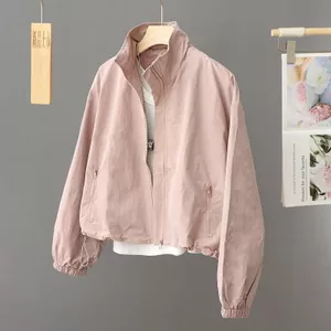 Áo khoác thời trang dáng rộng màu hồng, cổ đứng mỏng, áo khoác đi lại đơn giản dành cho nữ