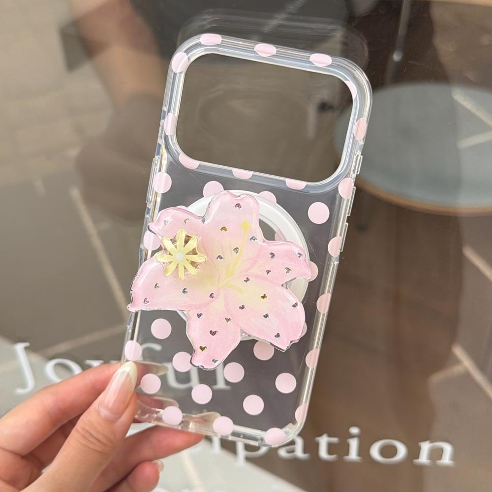 Ốp Lưng Cứng Trong Suốt Tương Thích Với iPhone 13 14 14Pro 14ProMax 15 15Pro 15ProMax 16 16Pro 16ProMax 17 17Pro 17ProMax Vỏ Nam Châm Họa Tiết Lily Điểm Sóng Hồng