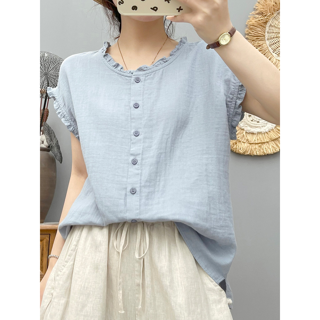 [Hàng có sẵn] Áo sơ mi nữ 100% sợi Cotton chất lượng cao Nghệ thuật mùa hè Cổ nhỏ tươi mềm mại Áo không tay thân thiện với da