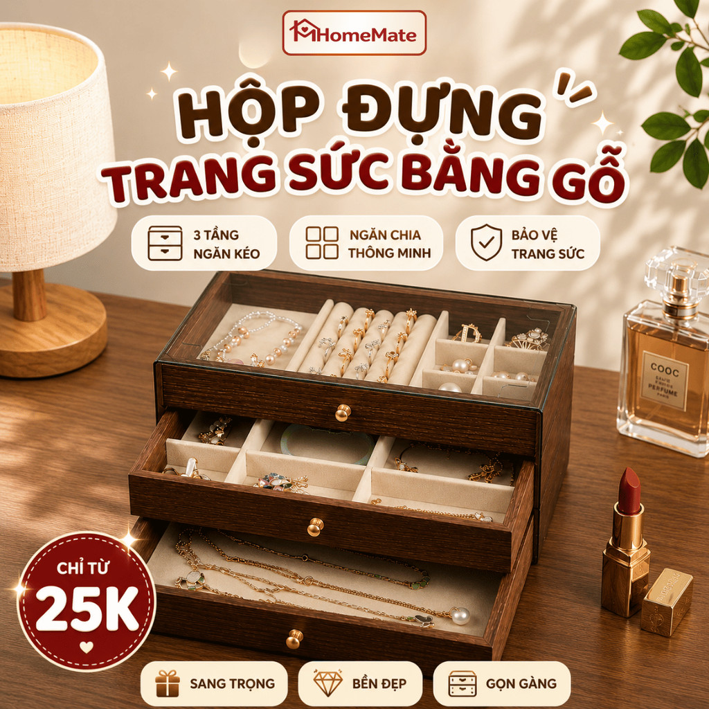 Hộp Đựng Trang Sức Gỗ Cao Cấp HomeMate – Khay Đựng Nhẫn, Dây Chuyền, Hoa Tai 3 Tầng Sang Trọng